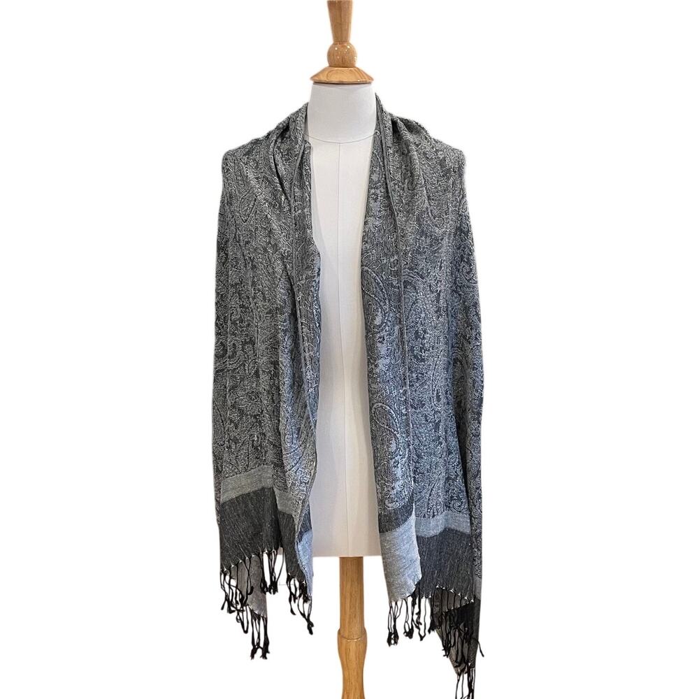 Pashmina Cashmere Silk Black, Gray Paisley Wrap Fringe, Minimalist, 26 by 80